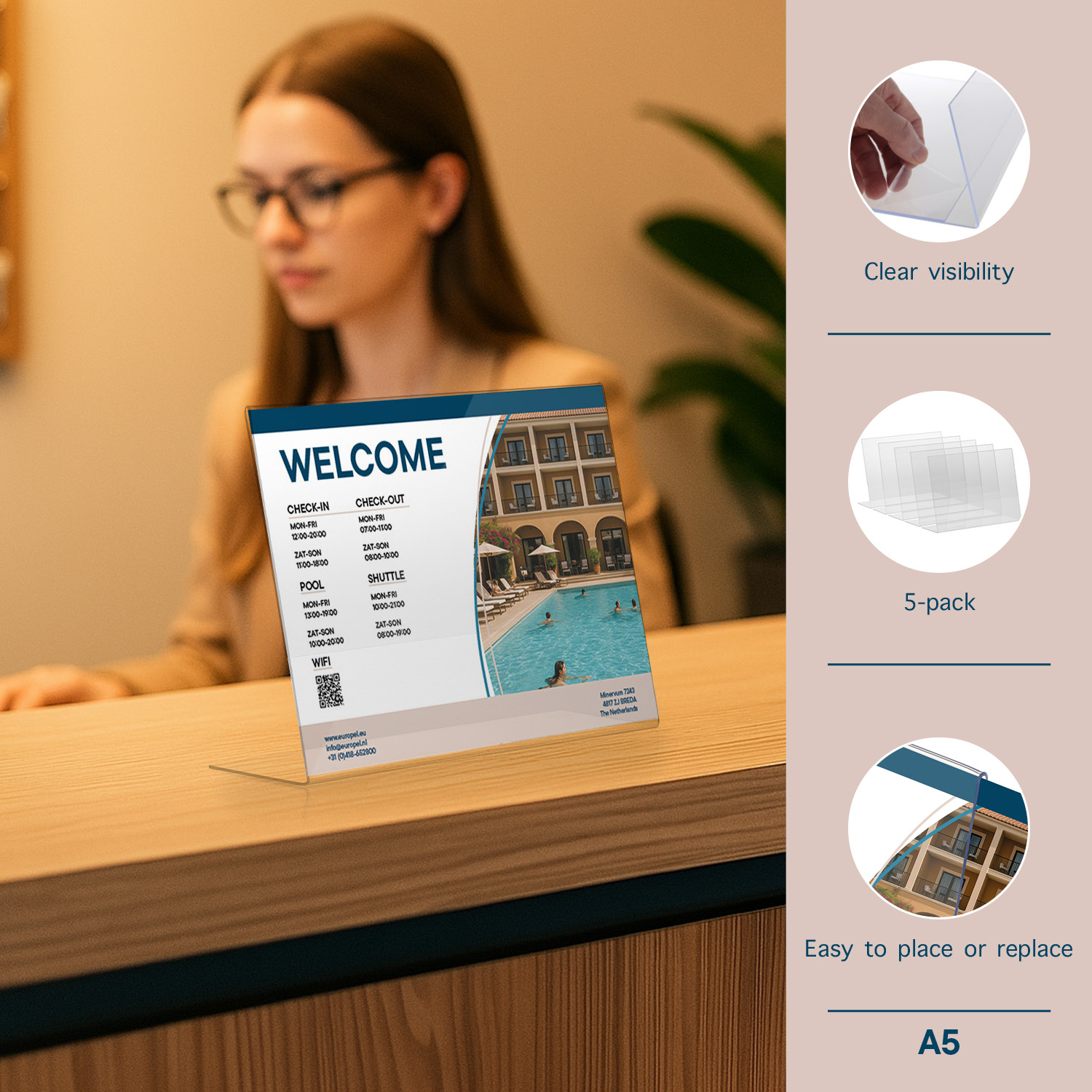 Europel Porte-Cartes Budget L-Stand A5 1,5 mm Horizontal Acrylique – Lot de 5