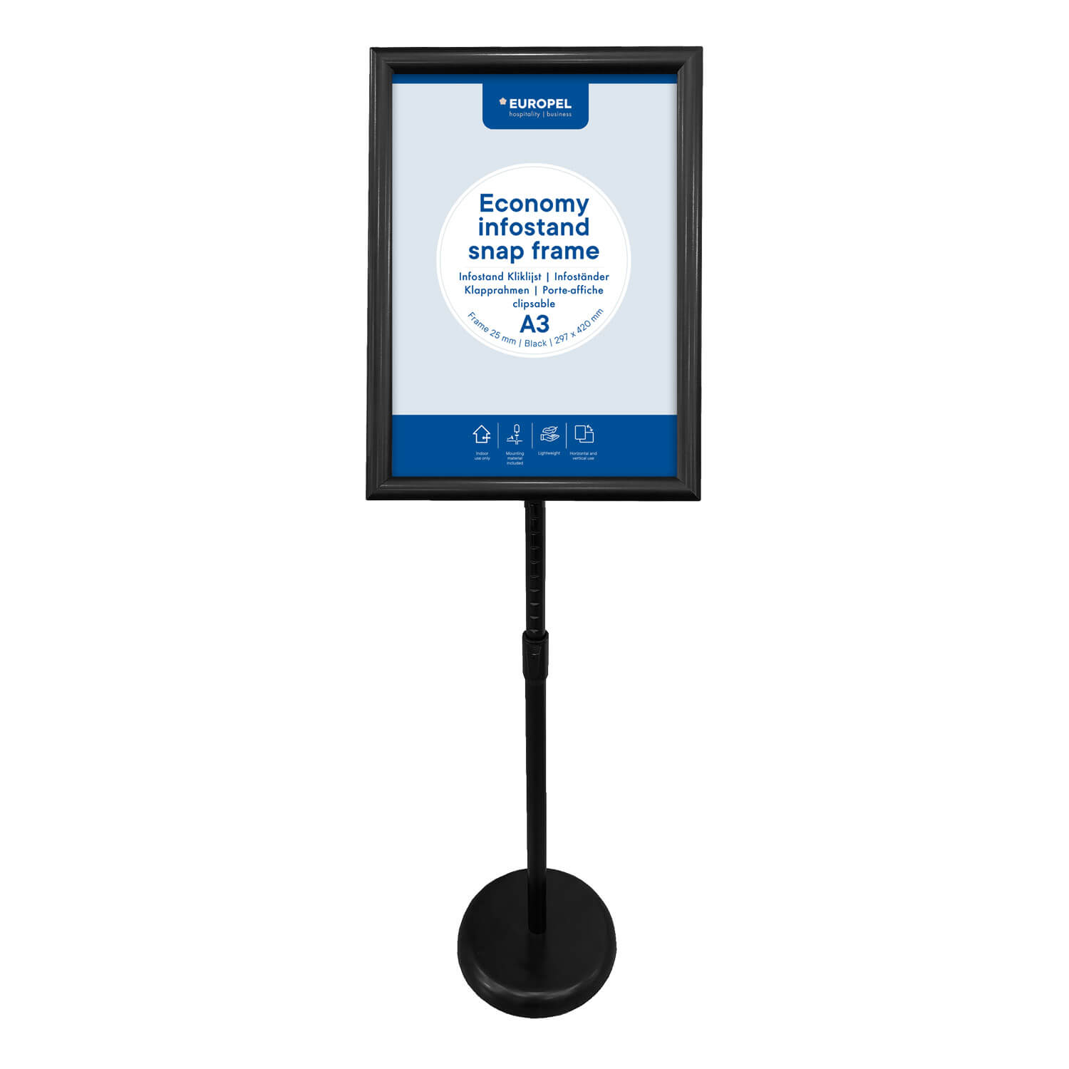 Europel Porte-affiche Economy cadre Clipsable A3 25 mm Noir 