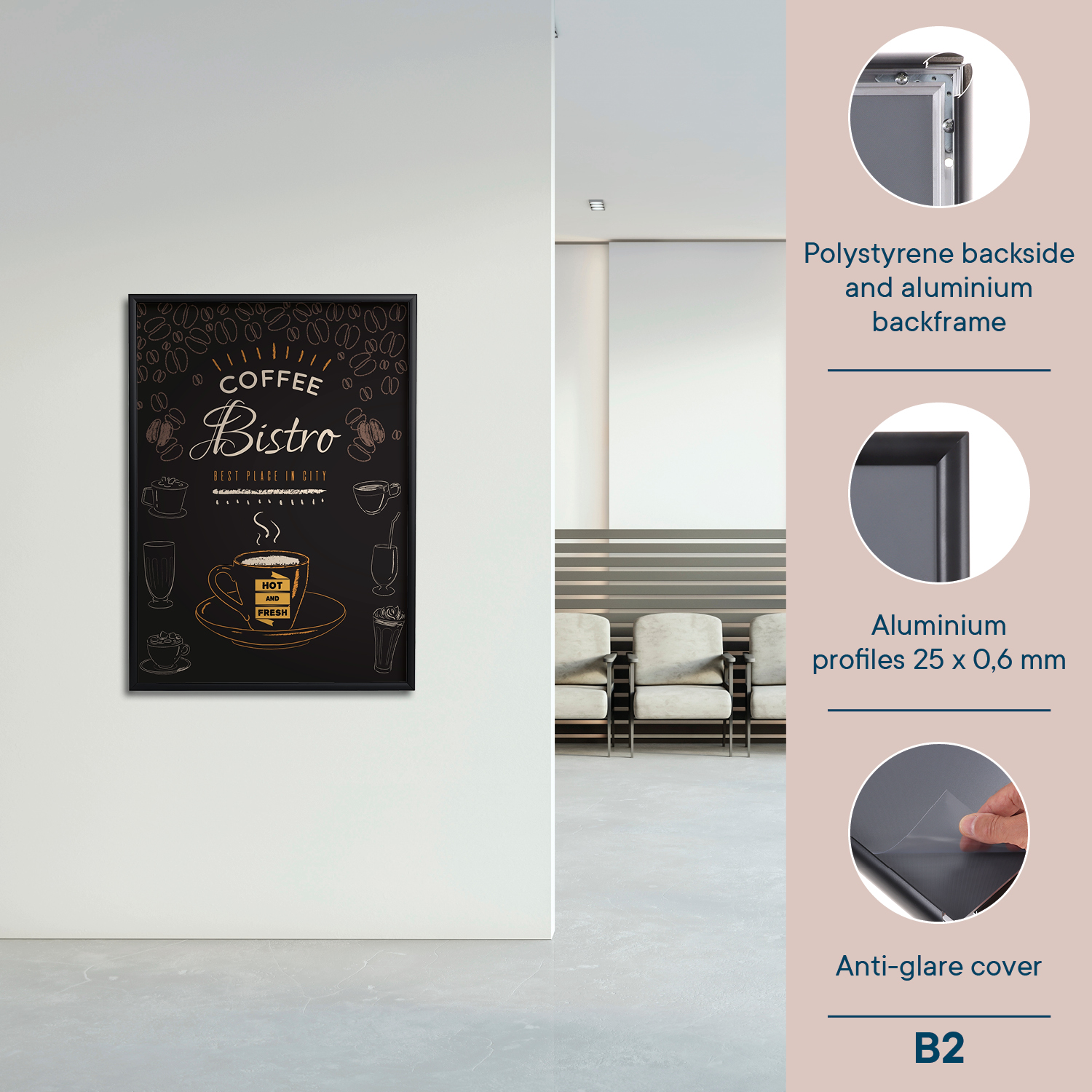 Europel Cadre Clipsable Economy B2 50 x 70 cm 25 mm Noir
