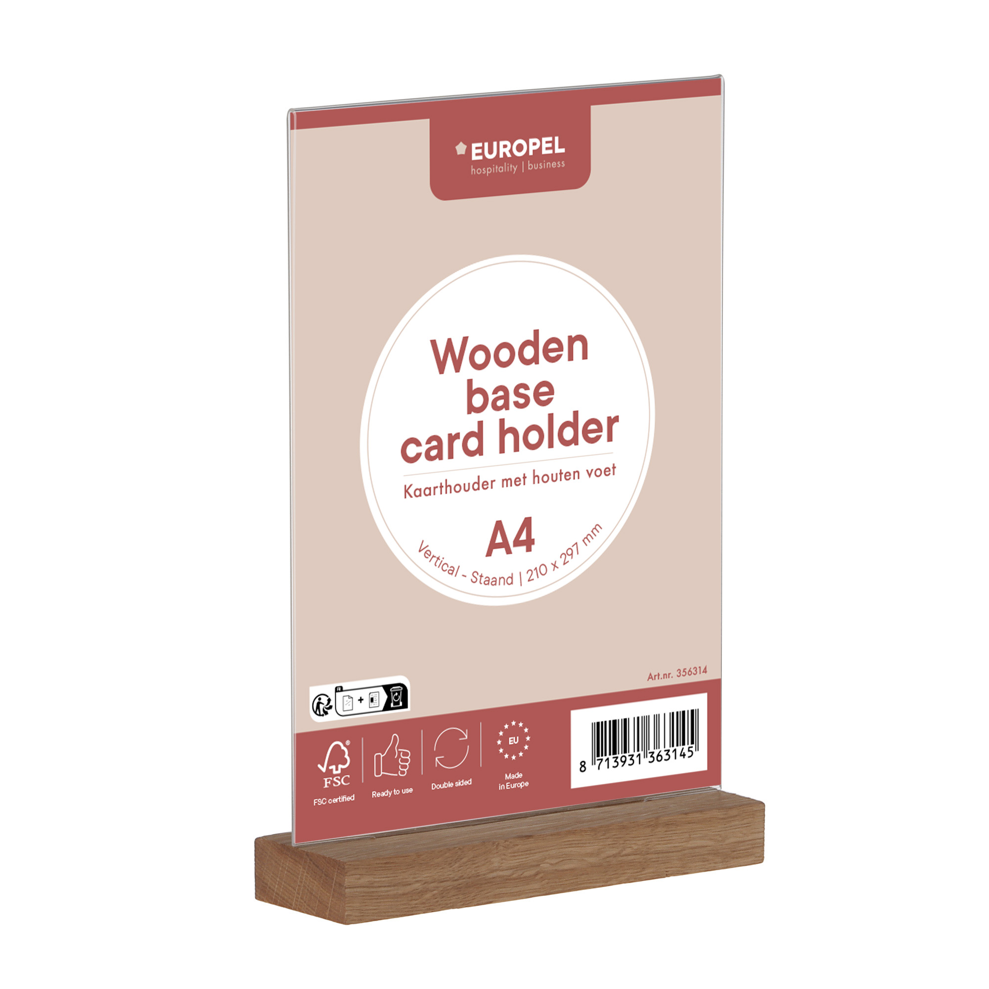 Europel Porte-Cartes Acrylique avec Socle en Bois A4 Vertical – Présentoir Haut de Gamme