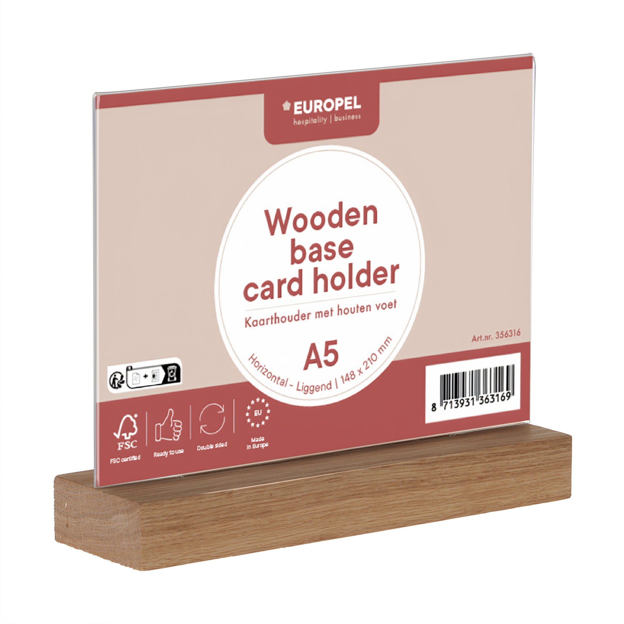 Europel Porte-Cartes Acrylique avec Socle en Bois A5 Horizontal – Présentoir Haut de Gamme