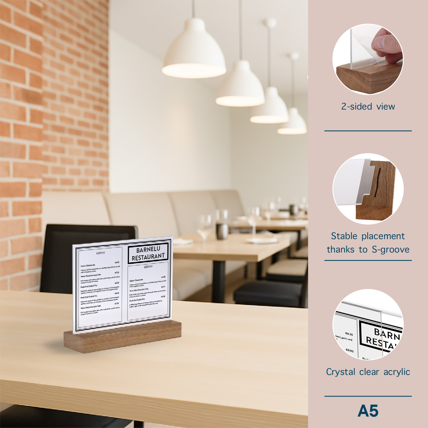 Europel Porte-Cartes Acrylique avec Socle en Bois A5 Horizontal – Présentoir Haut de Gamme