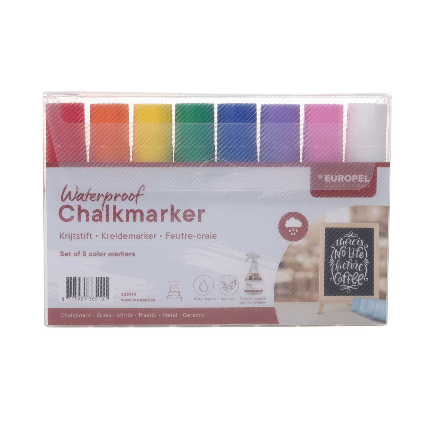 Europel Marqueur Craie Résistant à L'eau 15 mm Couleurs Assorties PVC étui 8 pcsEuropel Marqueur Craie Résistant à L'eau 15 mm Couleurs Assorties PVC étui 8 pcs